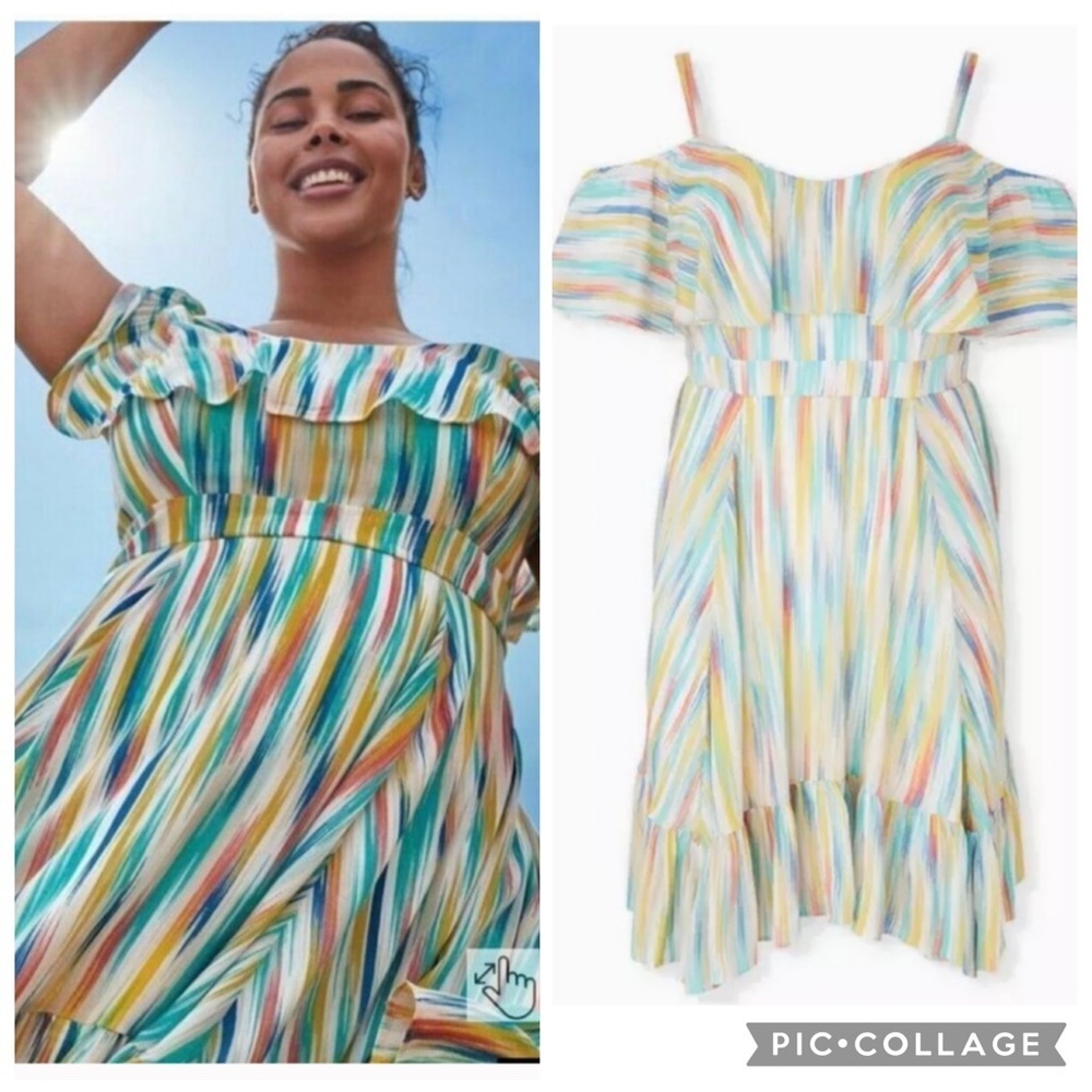 NWT Torrid Knee Length Dress Gauze Cold Shoulder Skater Rainbow Striped Boho 3X